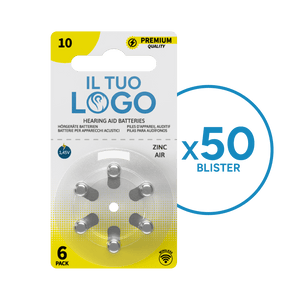 50 Blister Pile PREMIUM QUALITY Con il Tuo Logo Modello 10 Gialle (6 Pile)